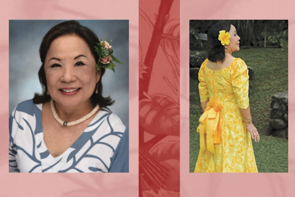 "Hawaiian Women's Fashions" author Agnes Terao-Guiala headshot and model shot in yellow dress