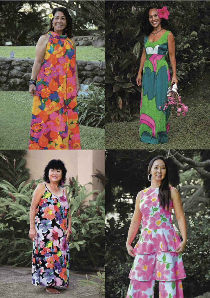 Maui models in bright floral print garments for Hawaiian Women's Fashions book