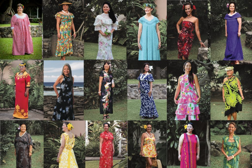 A mix of Maui models in traditional and modern garments for Hawaiian Women's Fashions